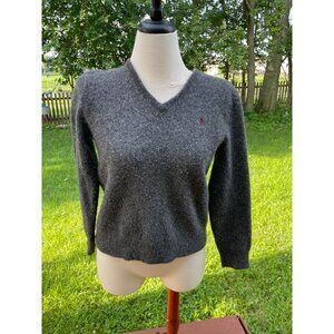 Polo Ralph Lauren Womens V-Neck Gray Sweater Size S 100% Lambs Wool Fuzzy
